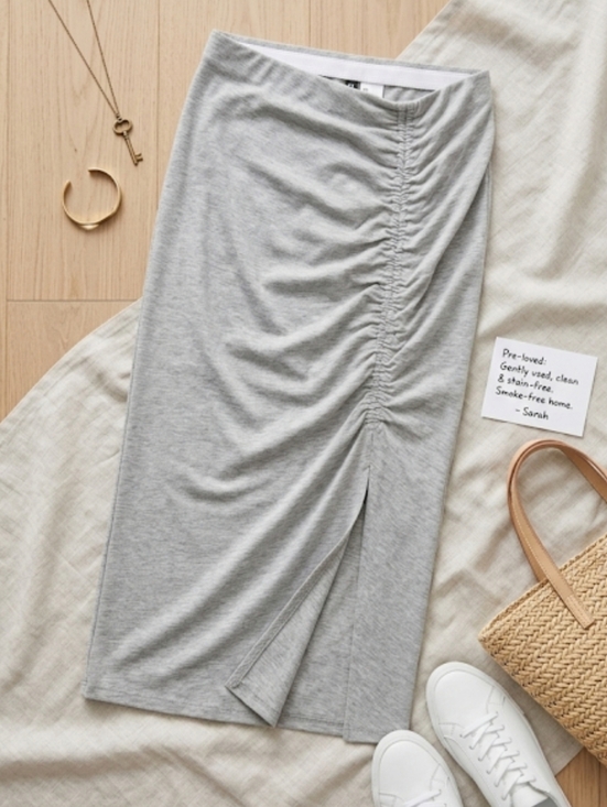 H&M Dresses & Skirts - H&M Midi Skirt Gray Jersey Fabric with Side Ruching & Front Slit Women's Size XS